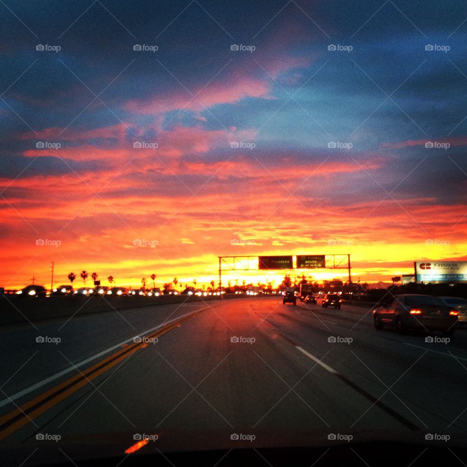 Freeway sunset. Sunset along the 210 freeway in Pasadena 