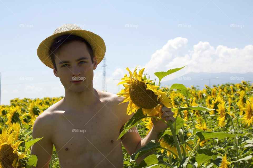 Boy and sunflowers 