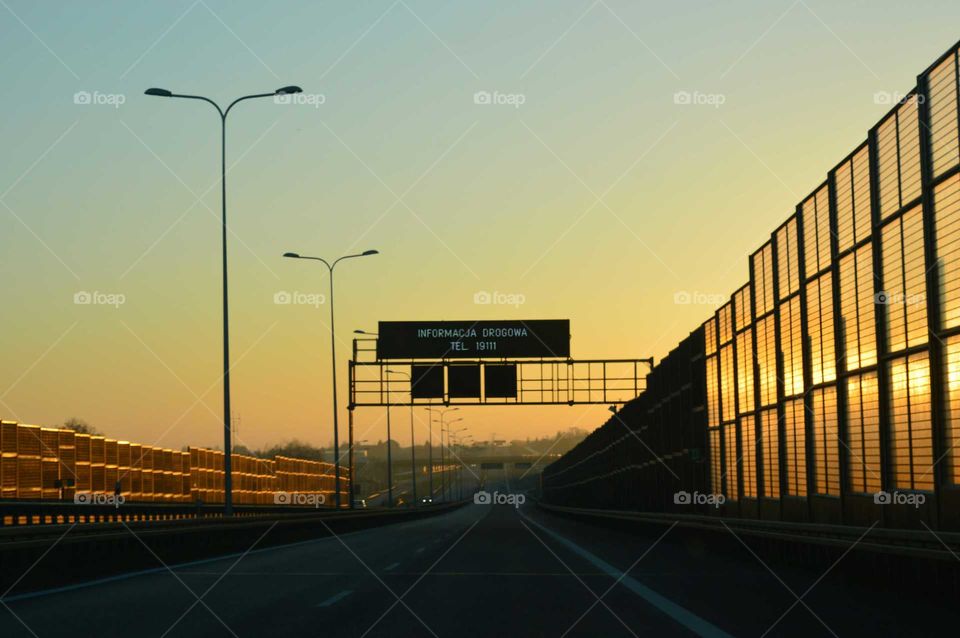 Golden hour during sunrise  on the expressway in Poland