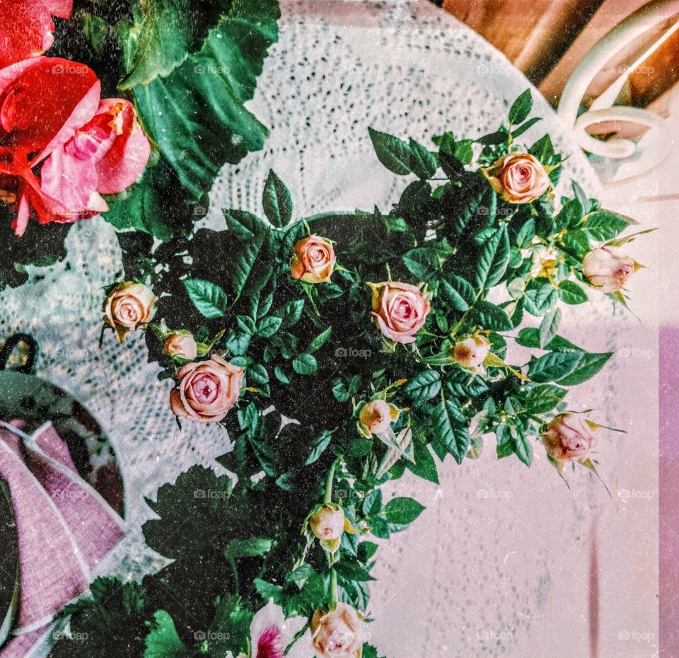 roses on vintage table