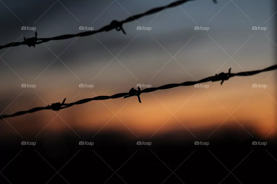 Sunset through barbed wire