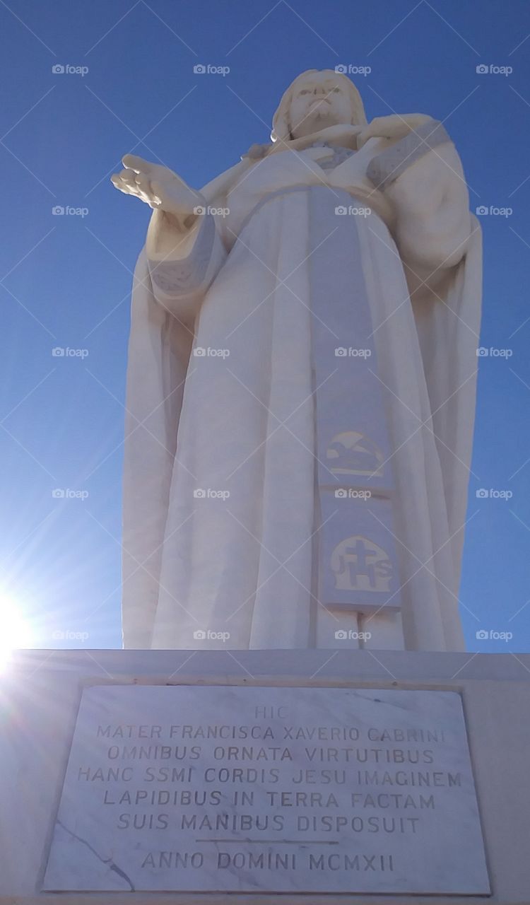 Beautiful, gigantic, white marble statue of the sweet Jesus Christ, at Mother Cabrini Shrine, in the Colorado Rocky Mountains.