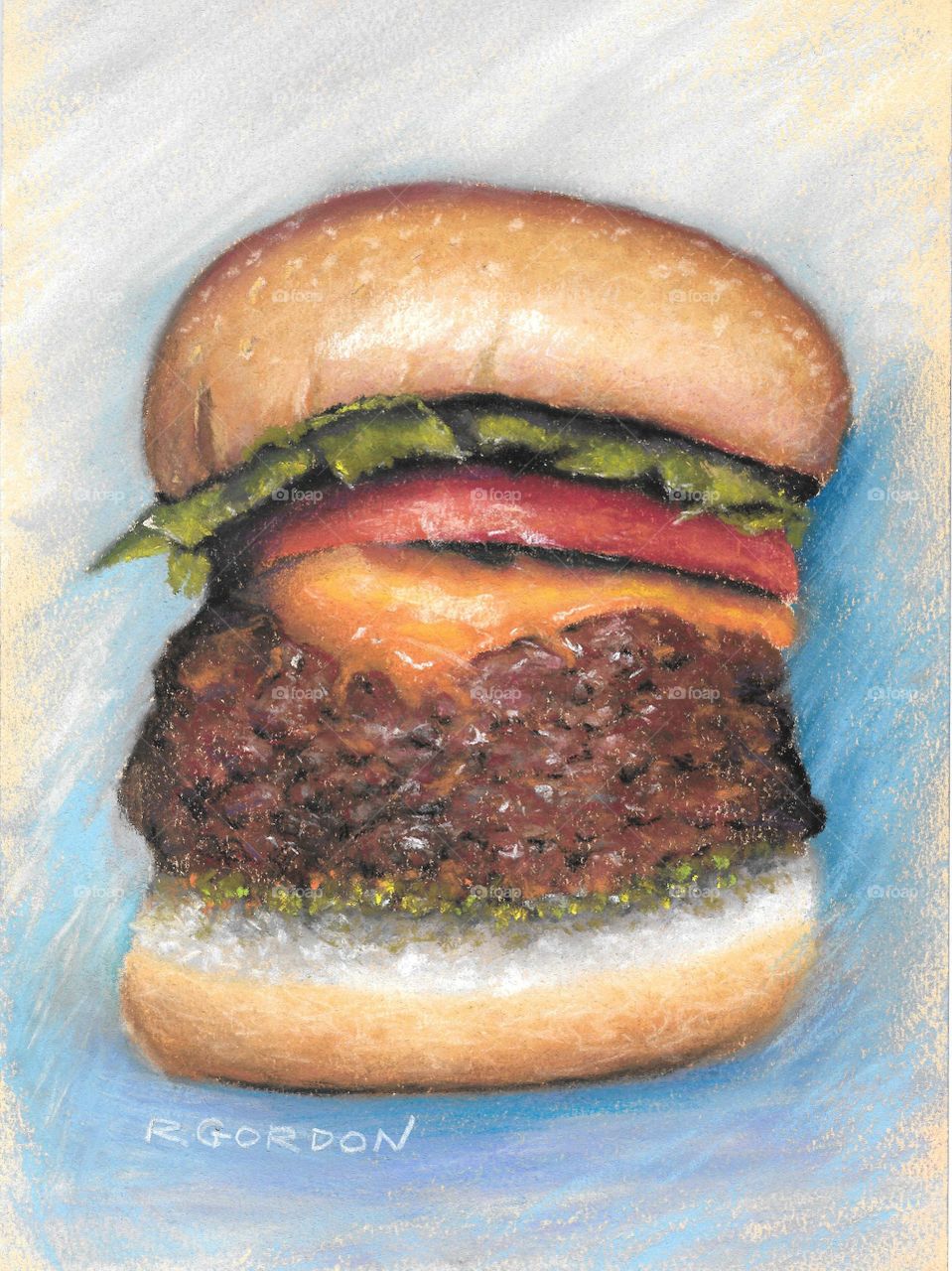Pastel painting of a cheeseburger with onions relish mustard cheese and fresh green lettuce on a sesame seed bun done in a realistic style. Mouth watering and very moving piece of art that touches the taste buds and drives you to get a burger now!