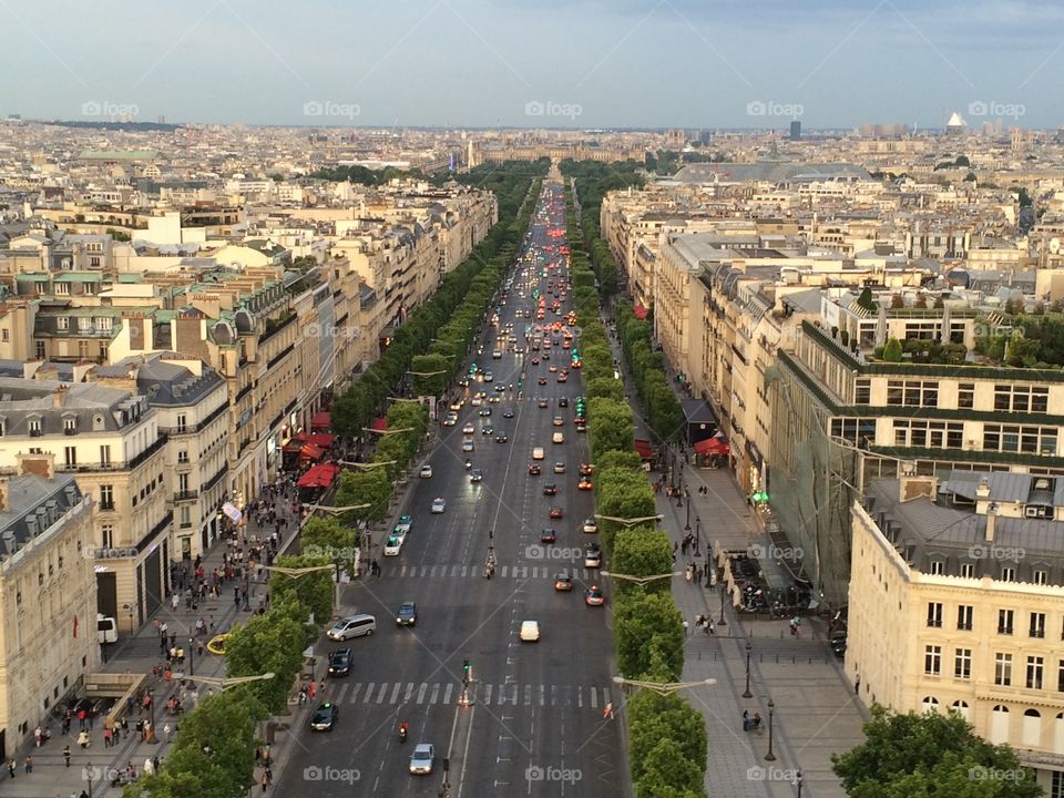 Paris, looking up the Avenue des Champs Elysées from top of the Arc de Triomphe