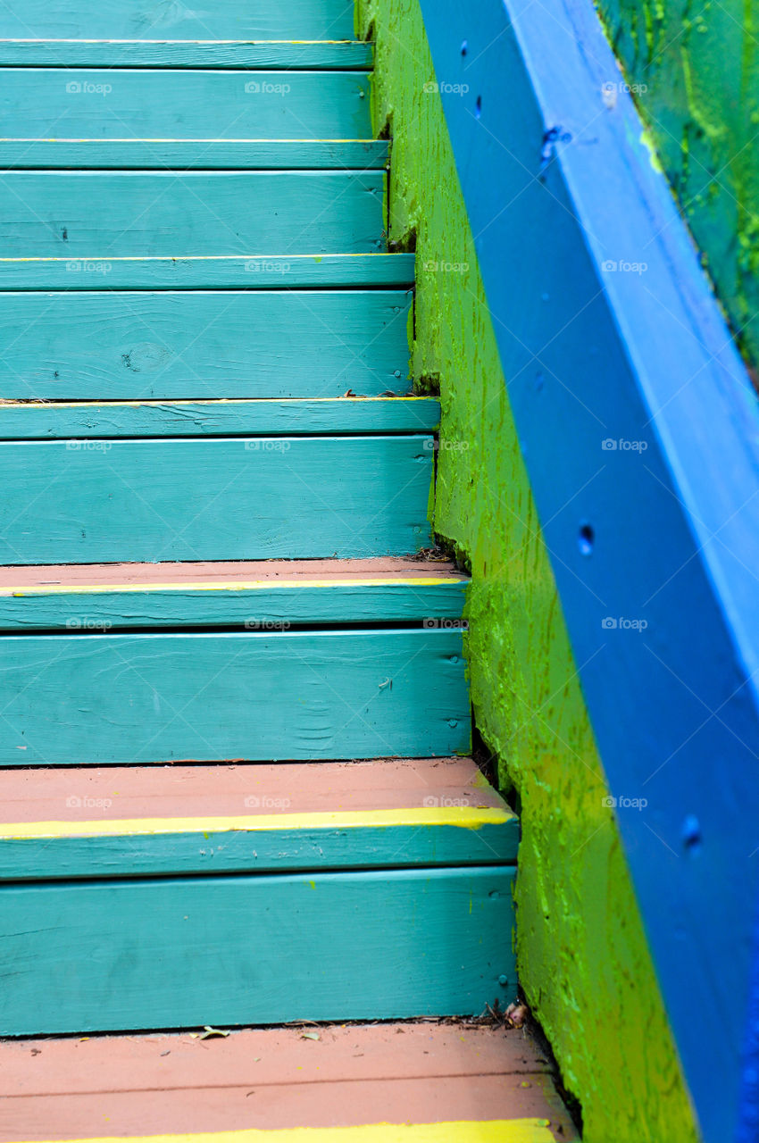 Close-up of a bright, multicolored staircase