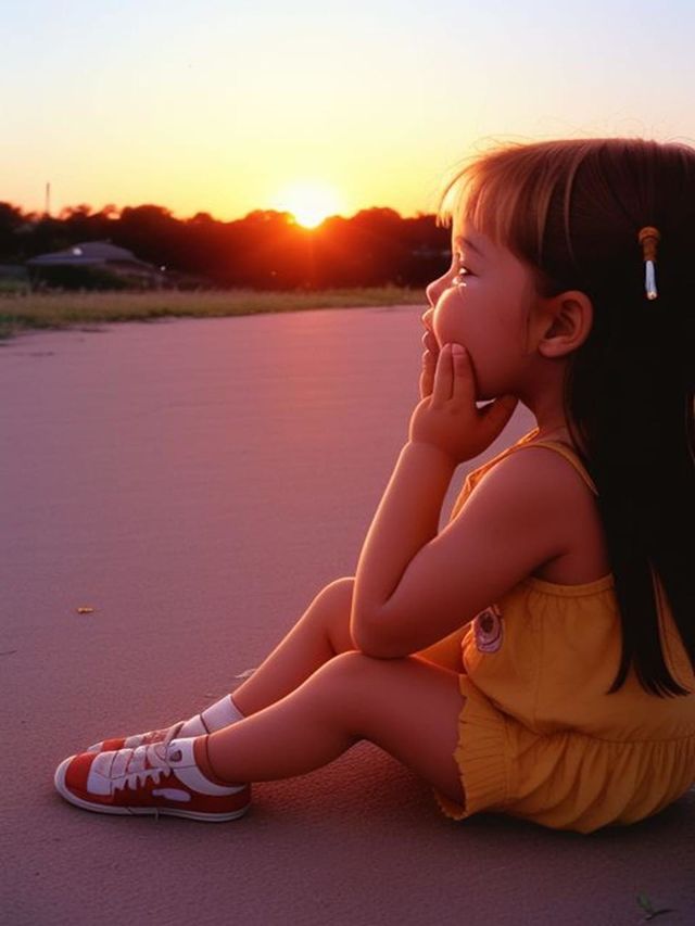 A little girl sits alone at sunset