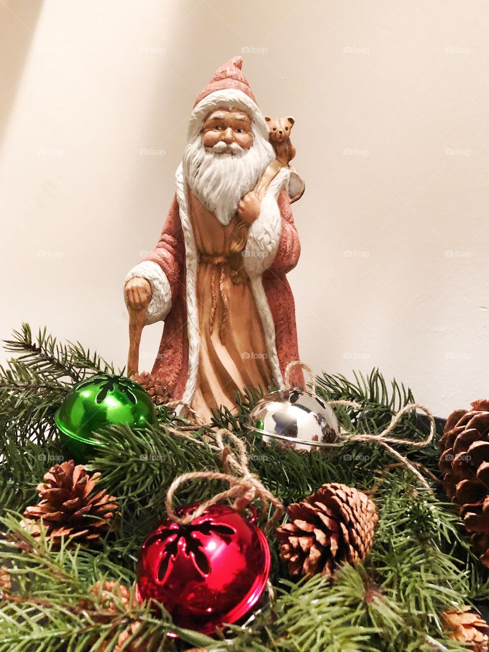 Vintage Santa ceramic decoration jingle bells greens pine cones 