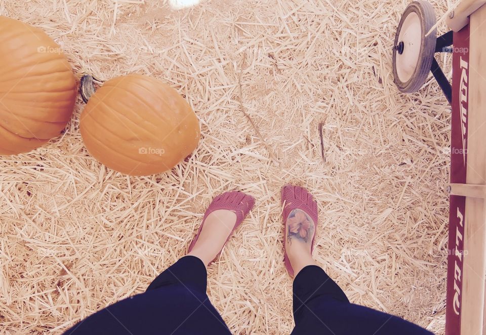 Woman’s shoes in the hay with pumpkins in fall
