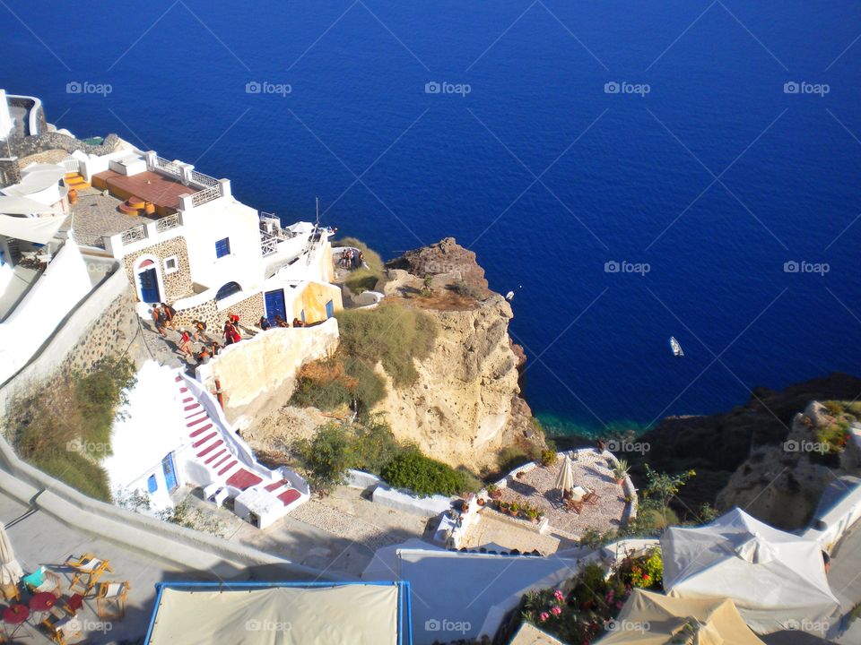 Santorini, Greece. Santorini island, city center, from above.