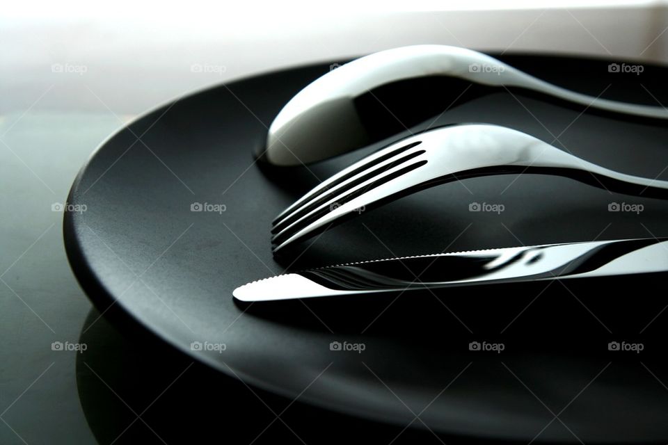 spoon, fork, knife and plate