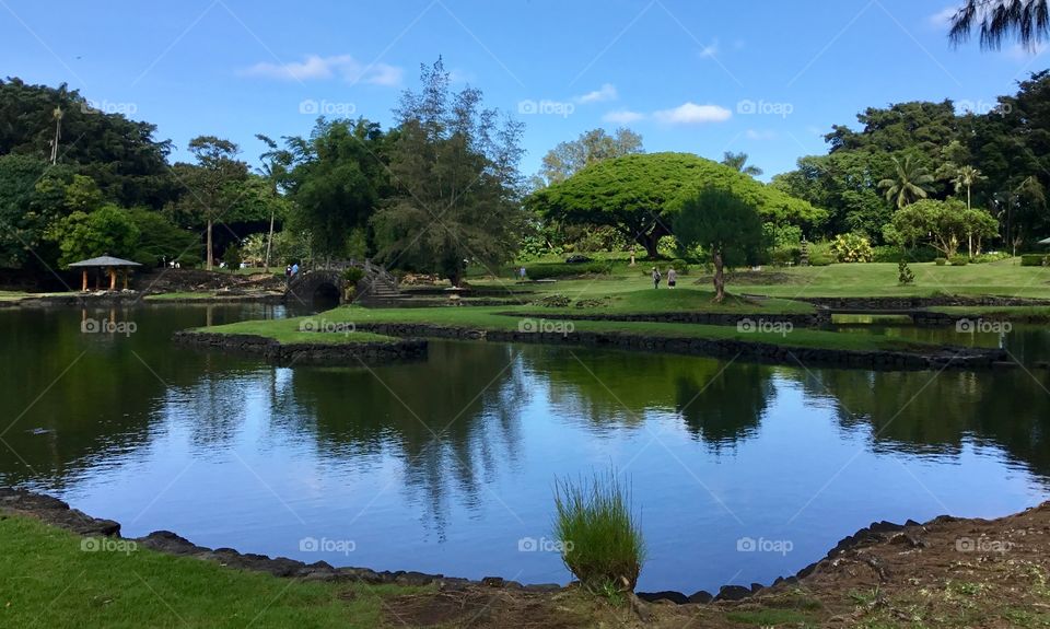 A view of Liliʻuokalani Park and Gardens, a 24.14-acre park with Japanese gardens, located on Banyan Drive in Hilo on the island of Hawaiʻi. 