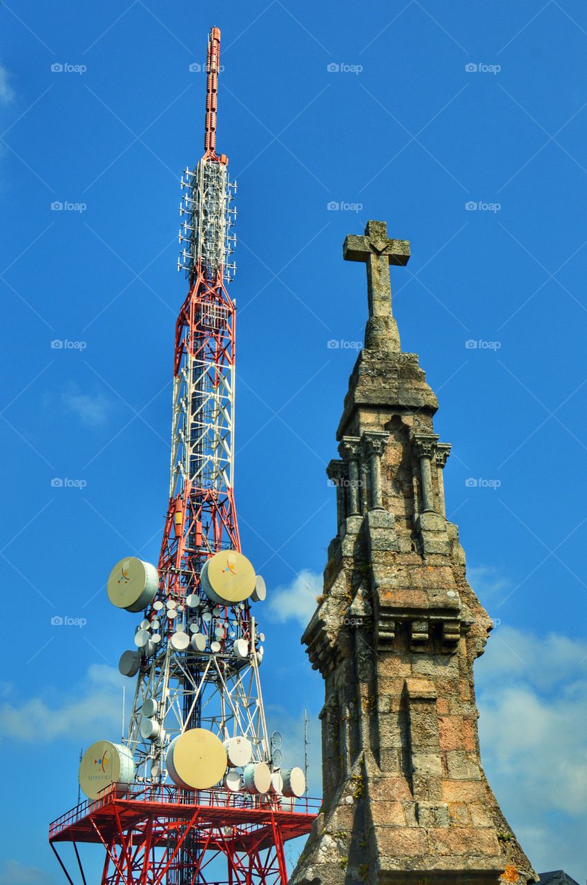 Stone cross. Stone cross and TV repeater station at Mount Pedroso, Galicia