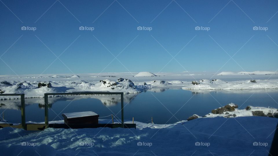 Icy lake in Iceland with snow