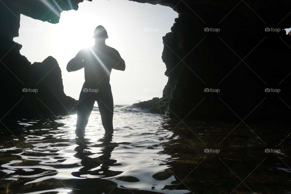 Shadow#reflect#water#sea#cave#sunrise#human