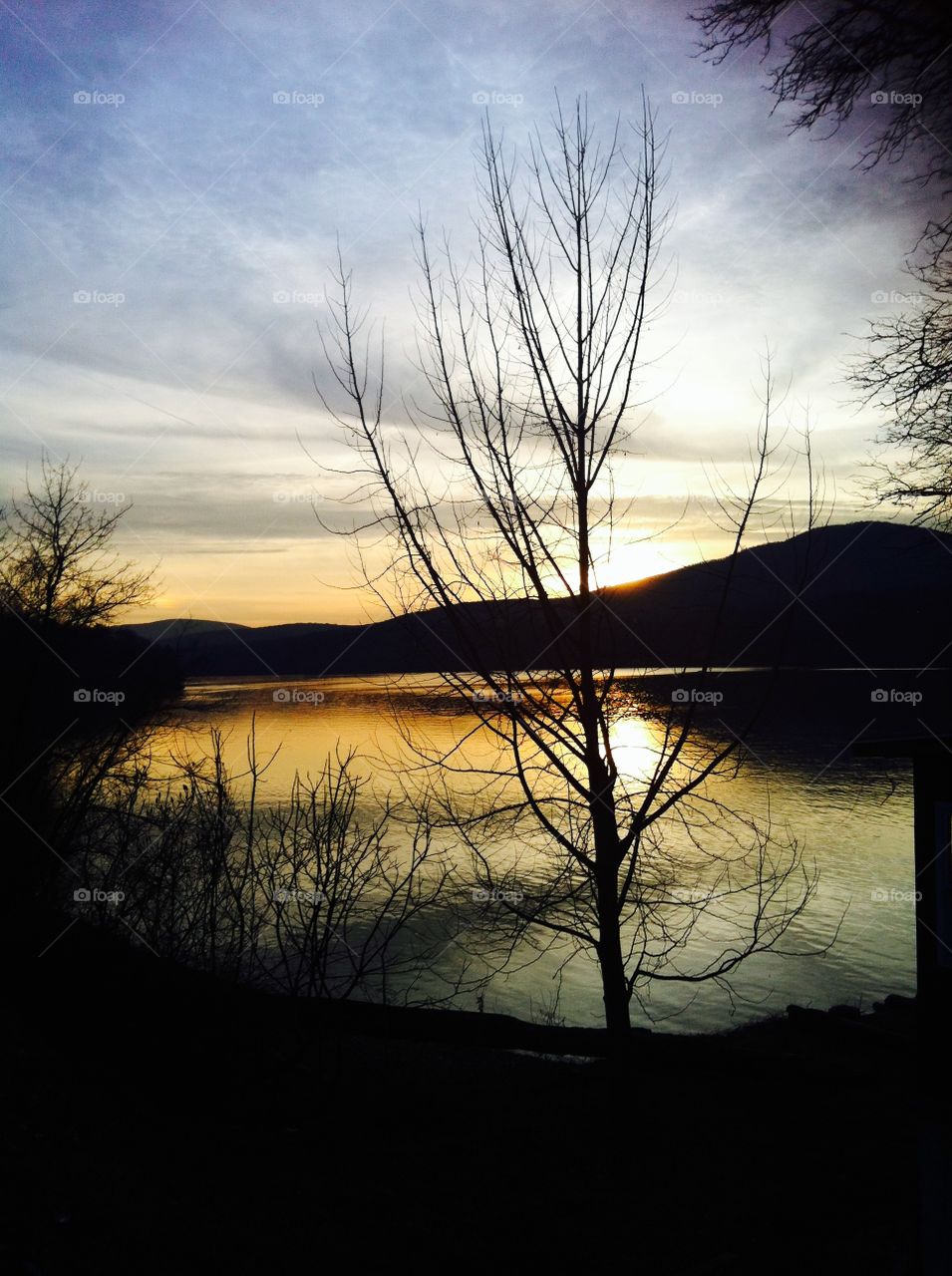Winter Sunset on the Hudson. Trees fall on shadow as the sun falls behind the mountains on the Hudson River