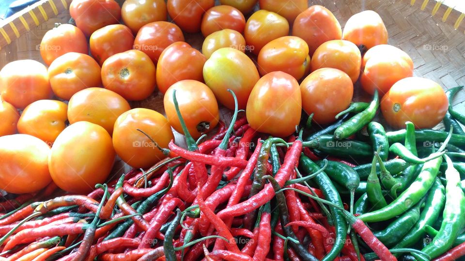 Tomato red chili and green chili in one container