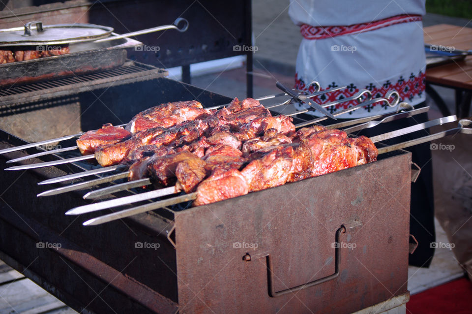 Close-up of a shish kebab on the grill