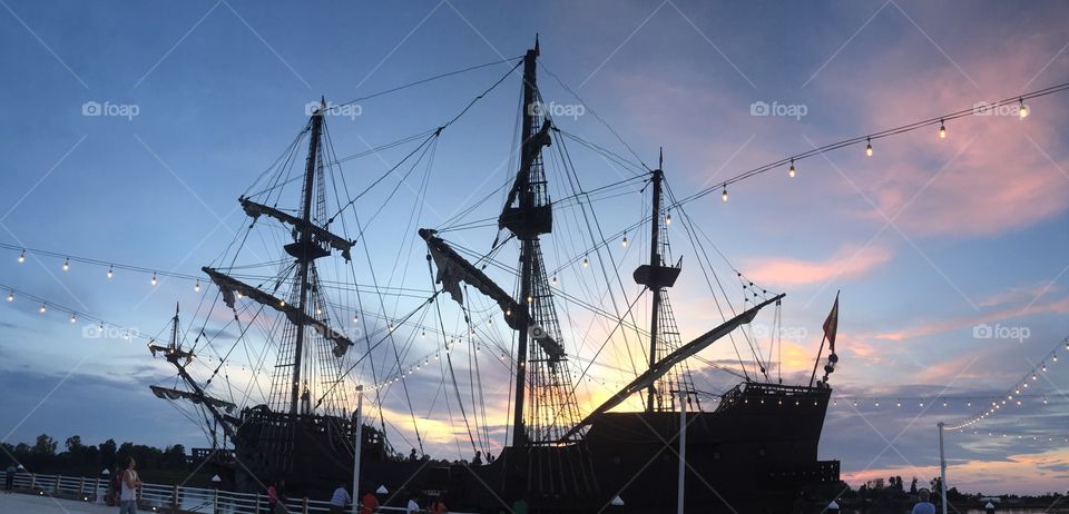 El Galeon. This ship docked in Wilmington, NC for two weeks. Photo taken at sunset. 