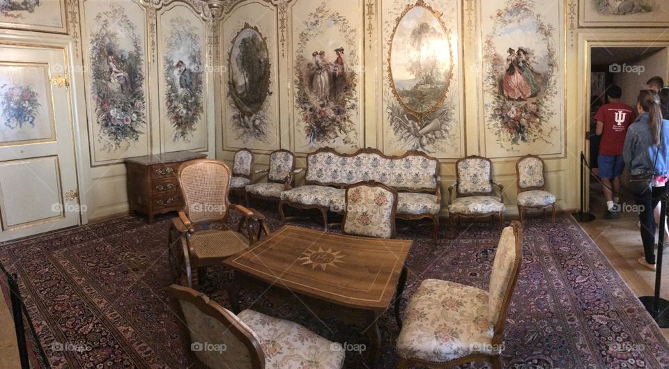 The sitting room - inside historic Gruyere Castle in Switzerland. 