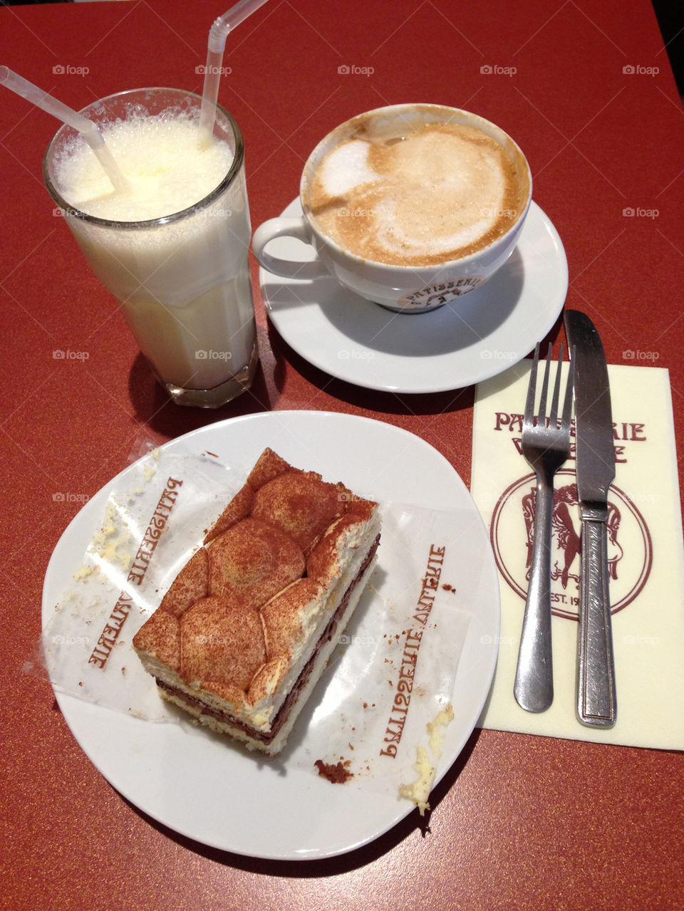 Cake with coffee and milkshake