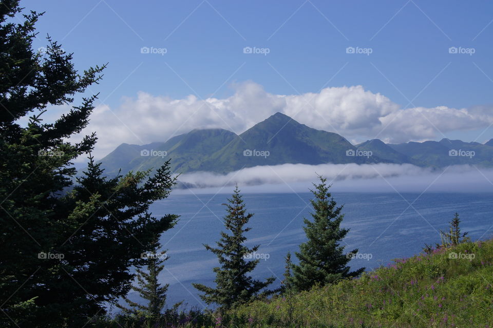 View of mountain and ocean 