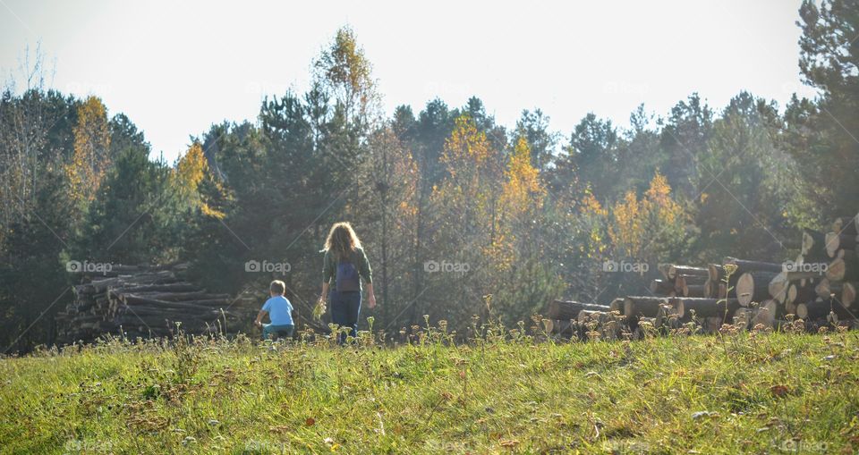 morning walking family mother and child boy autumn beautiful landscape