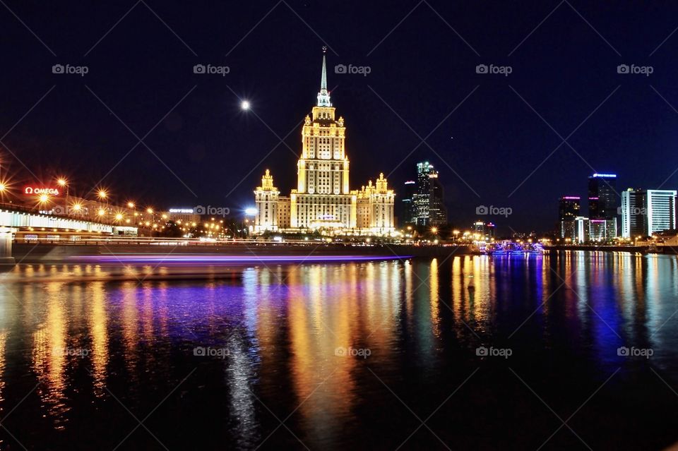 Night lights with reflection in river 