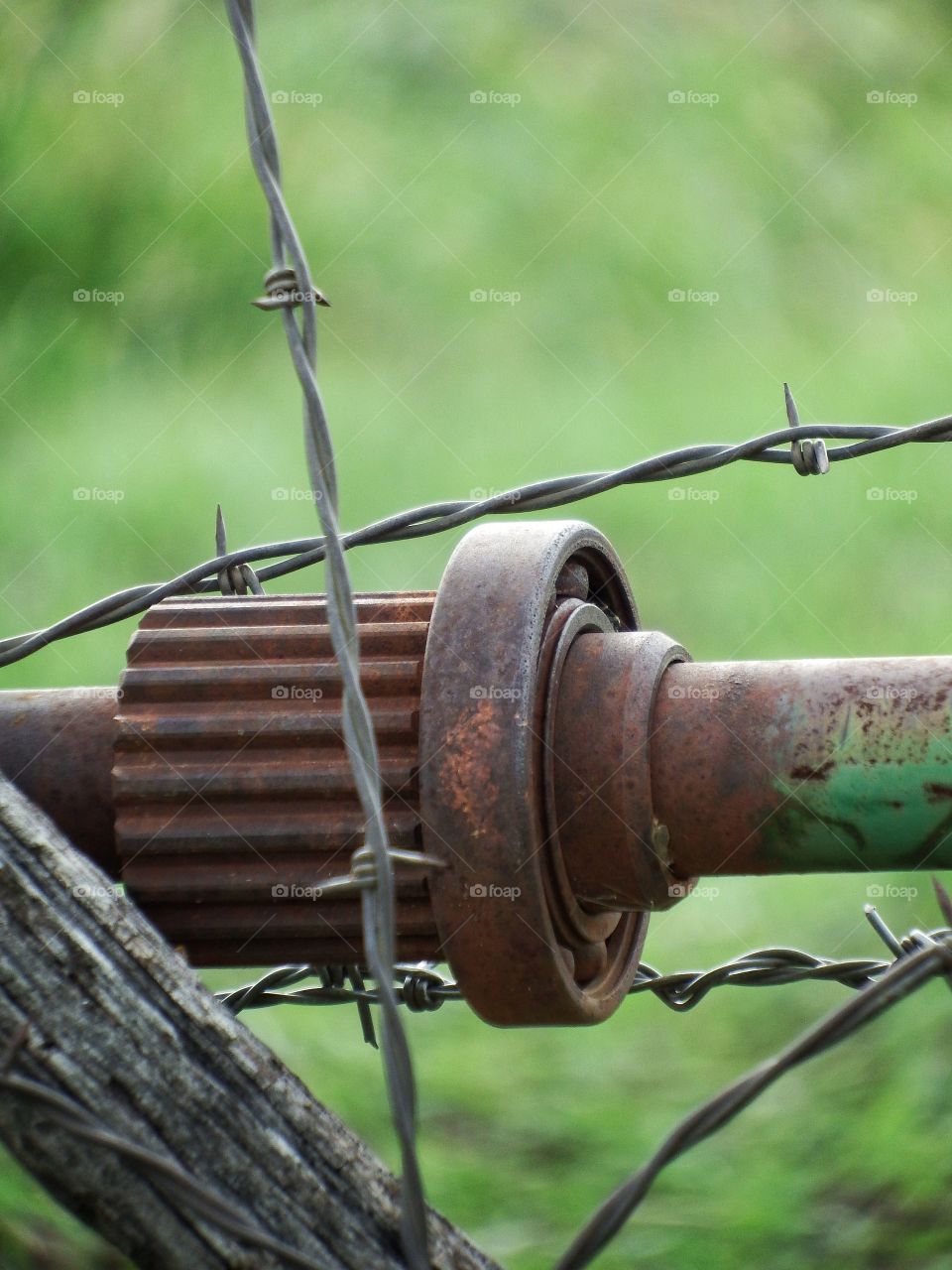 metal gear shaft used in a wooden barb wire farm fence.