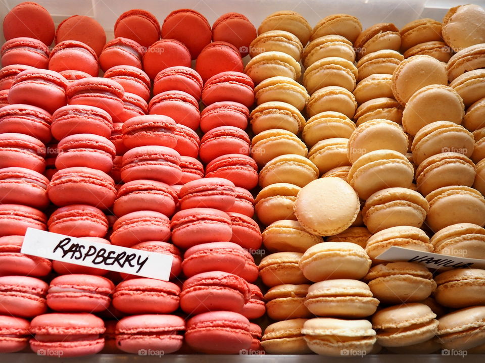 red and orange Macarons at the farmer's market in London
