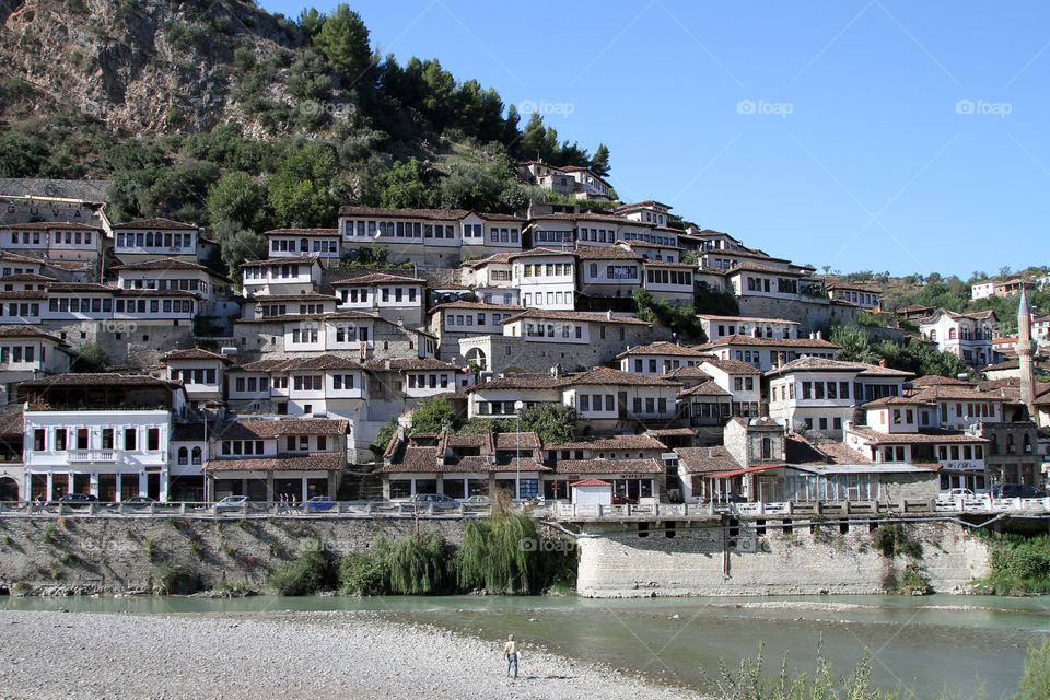 The old town of Berat, a UNESCO World Heritage site, with the River Osumi in the foreground, in Albania
