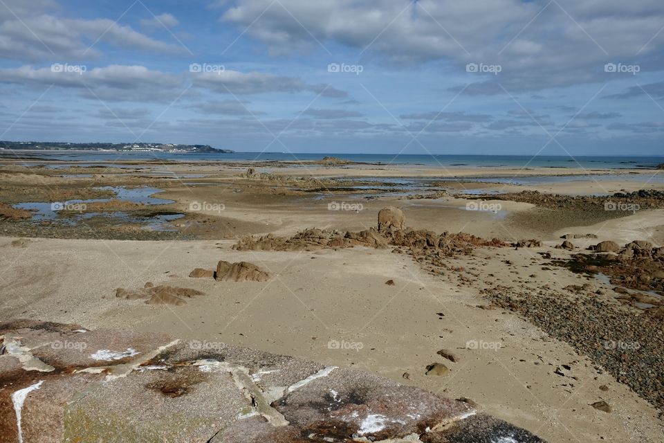 View to the East at Low Tide, Jersey, Mont Orgueil Castle from Icho Tower