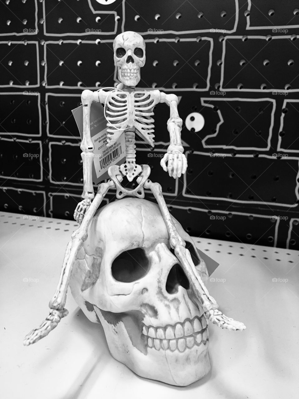 Skeleton sitting in skull 