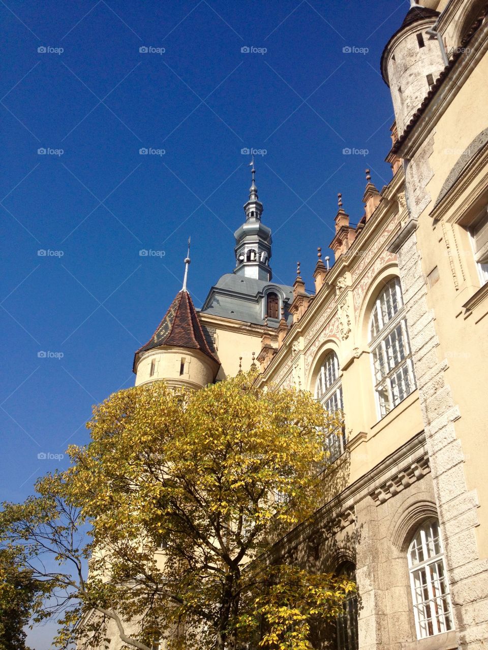 A tower of a building in autumn