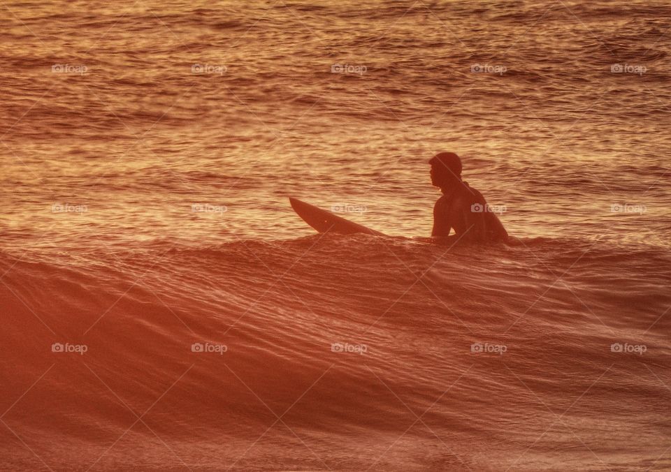 Surfing Before Sunset. Surfer In The Water During The Golden Hour
