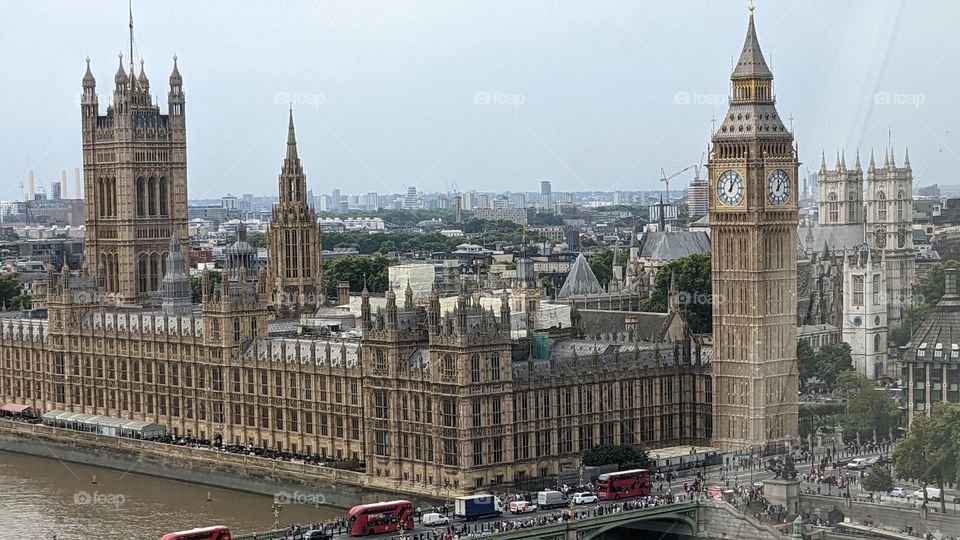 Big Ben and the Houses of Parliament surrounded by the River Thames in London. Took on the London Eye.