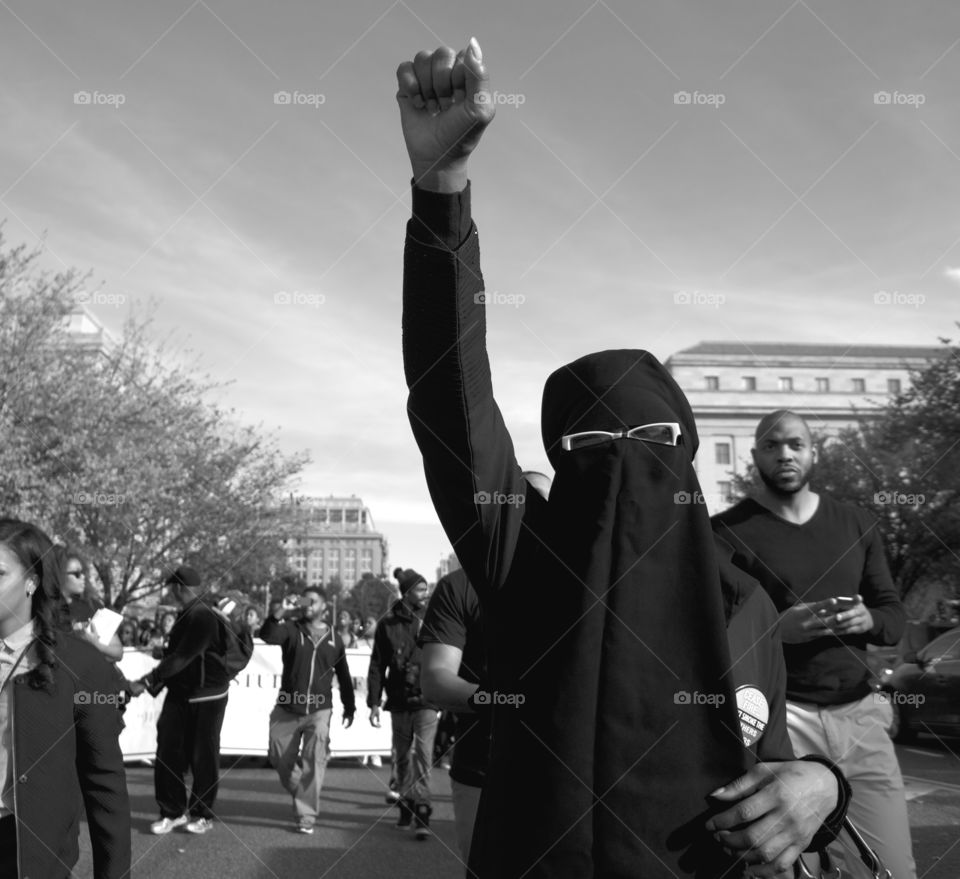 Muslim Protest. Muslim women in hijab veil protest in Washington, D.C. during the Million Man March. 