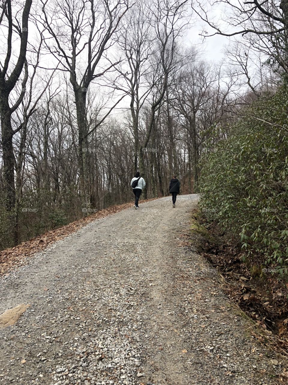 Brothers in the distance hiking up the mountain in the fall