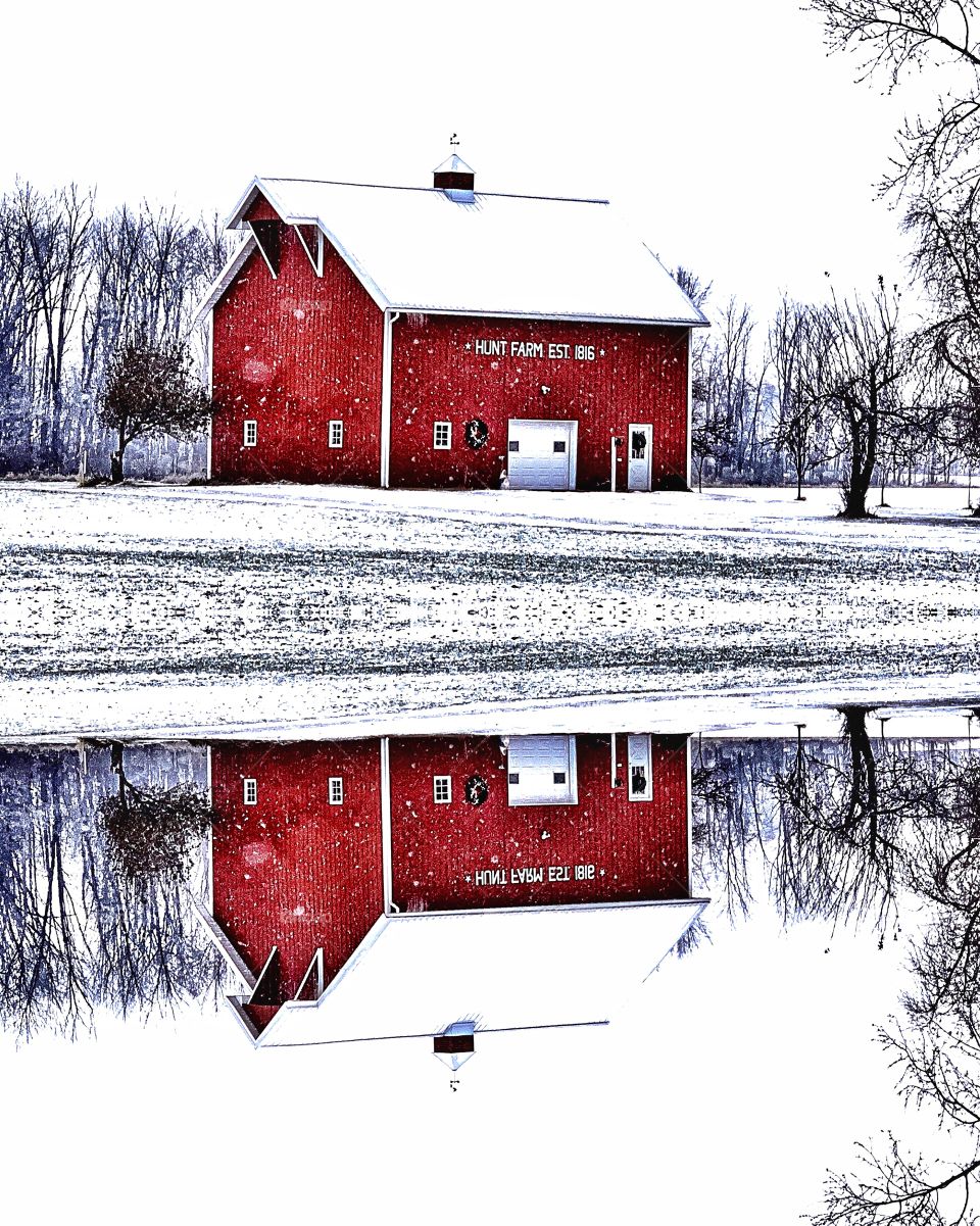 Old red barn on a winter day in Indiana 