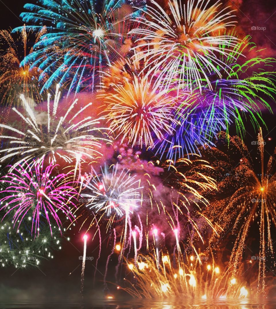 Elaborate multicolored extravaganza of fireworks.