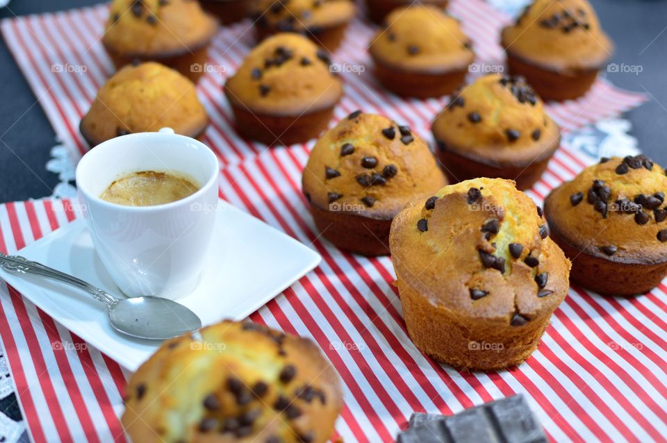 many muffins with chocolate drops