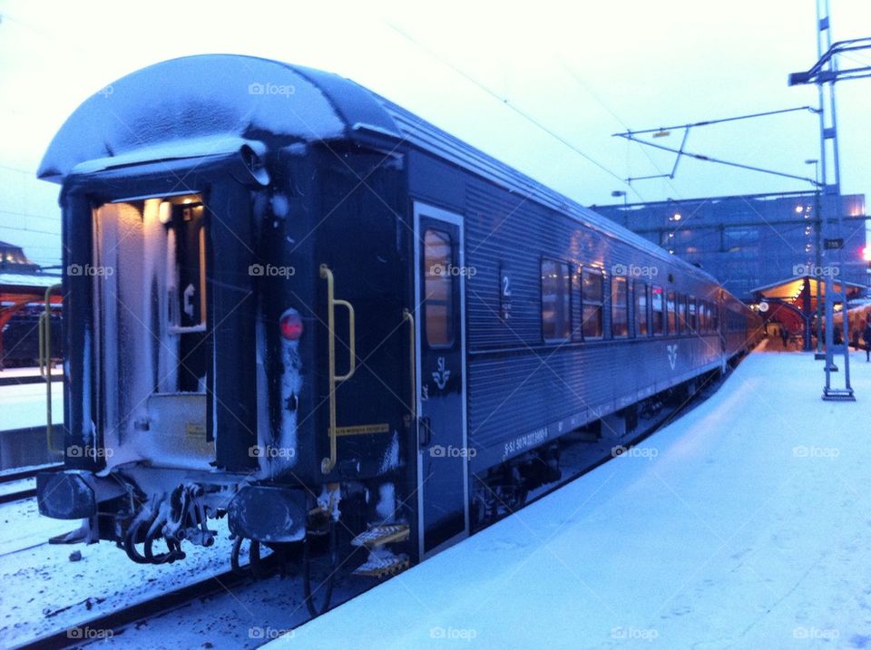 Train. Gothenburgs train station in snow 
storm


