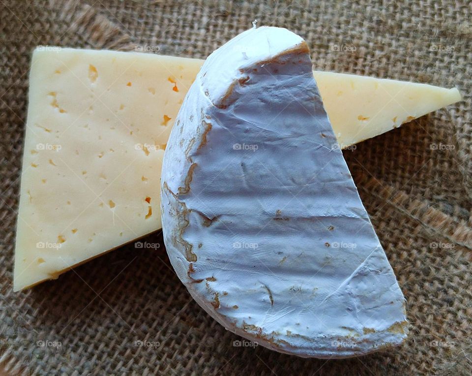 Yellow cheese "Fontina" and gray cheese "Camembert"