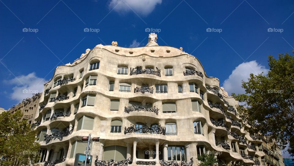 La Pedrera in Barcelona, Spain. View of La Pedrera or Casa Mila in Barcelona, Spain designed by Gaudí