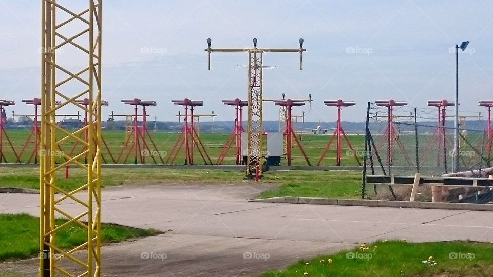 Lights to the east of Runway 26L at London Gatwick Airport, viewed from Perimeter Road East
