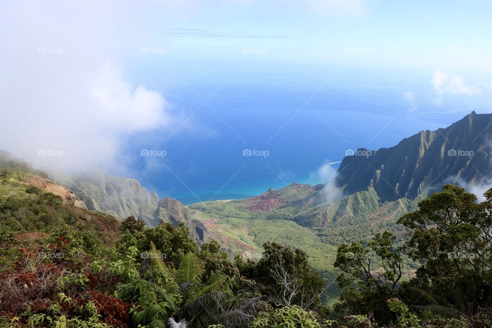 Hills with tropical vegetation with puffy clouds and ocean blue  blending with the sky