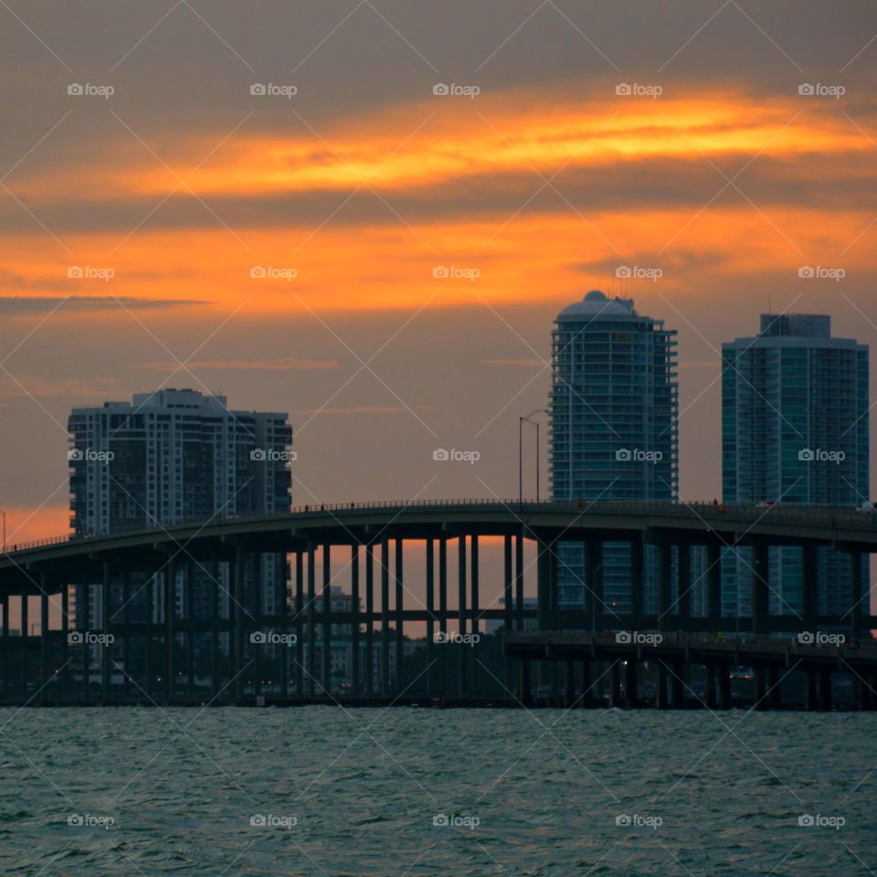 Sunset over Miami coastal waterway!
High-rise buildings in the back drop!