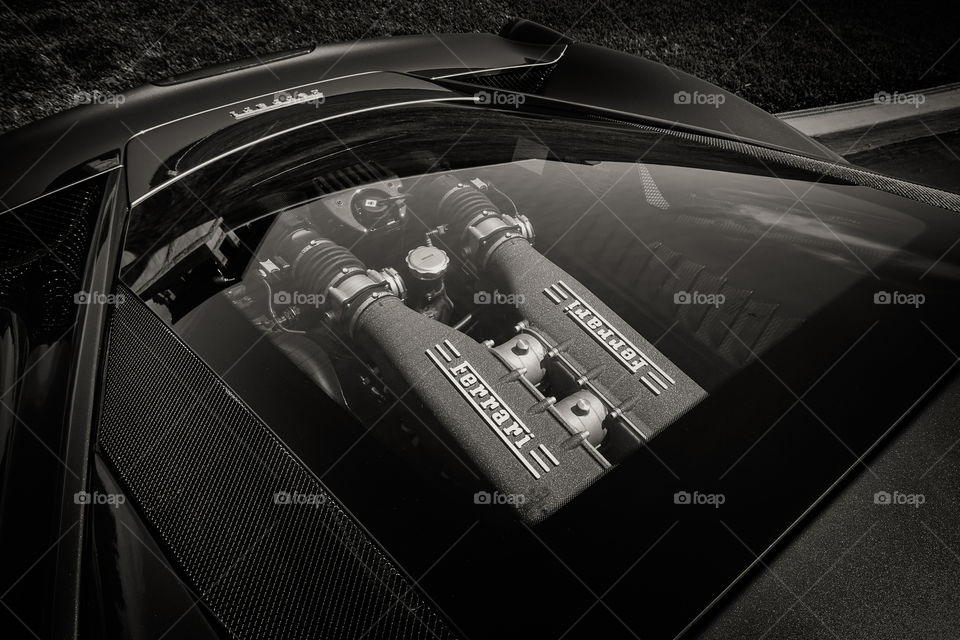 A peek at the Ferrari sports car engine. 