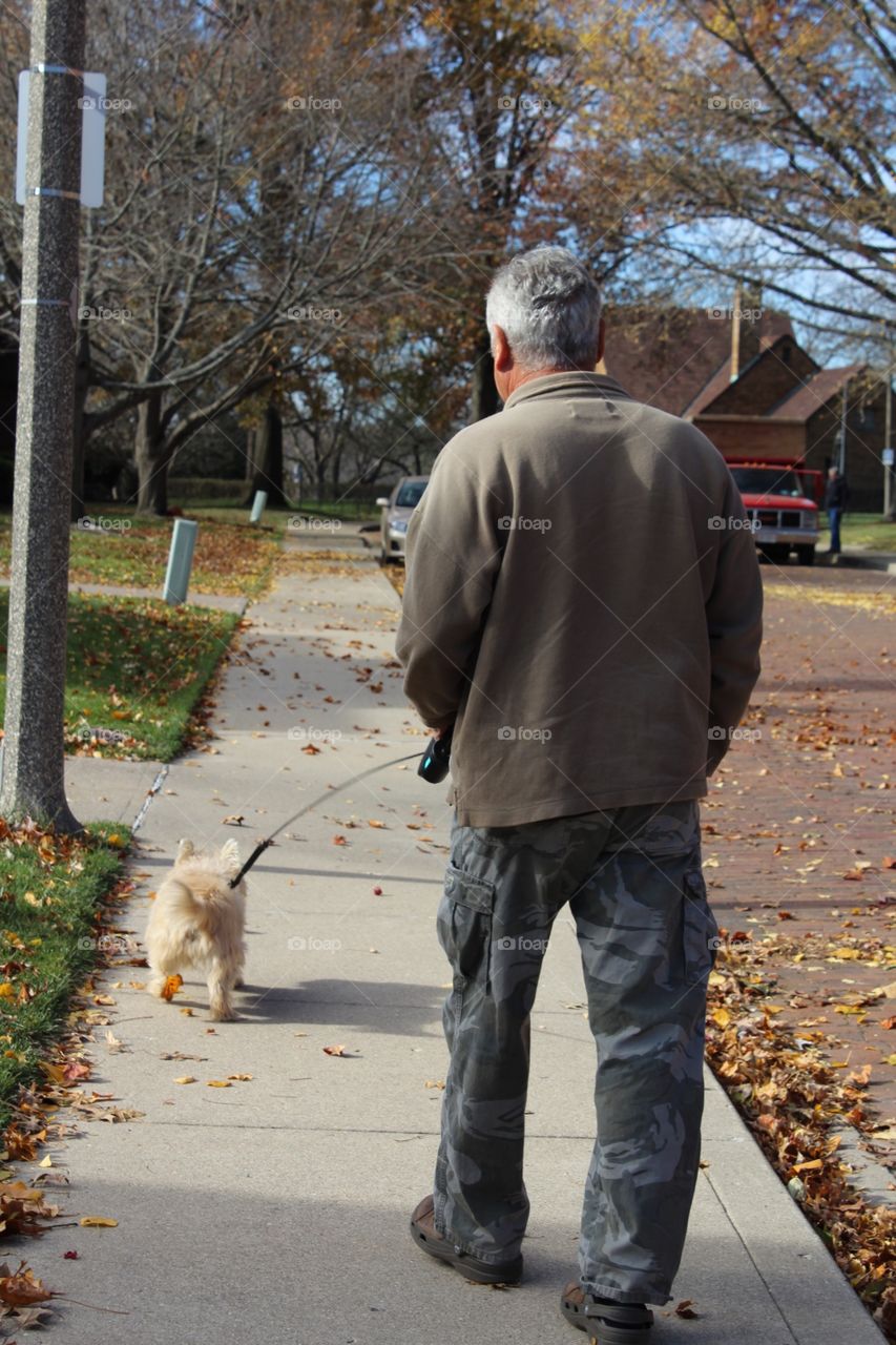 Walking the dog on the sidewalk