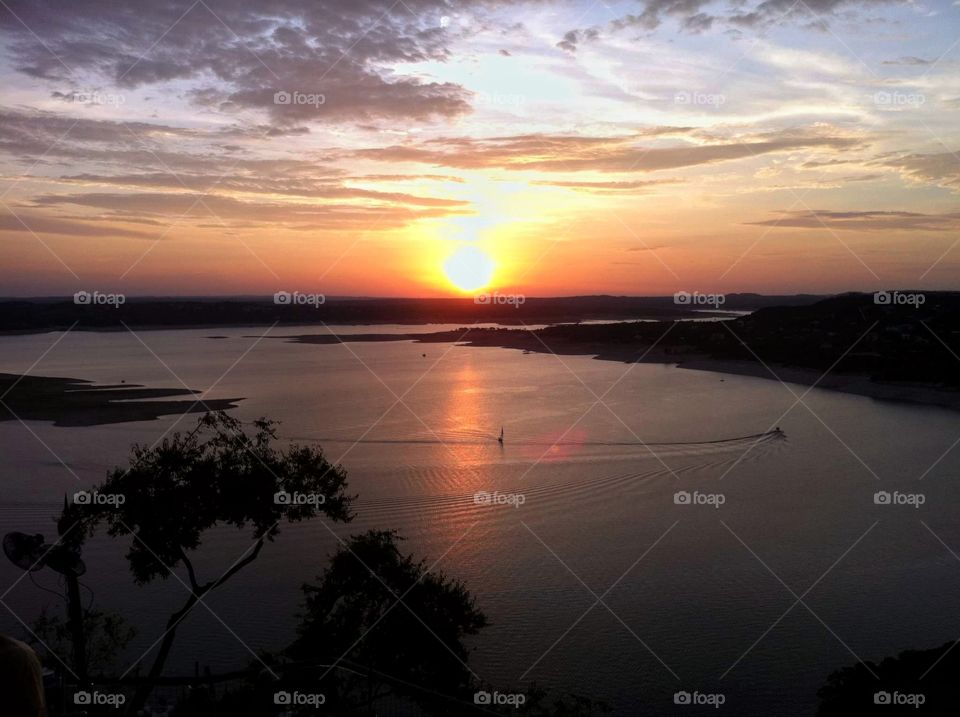 What Sunset over Lake Travis in Austin Texas