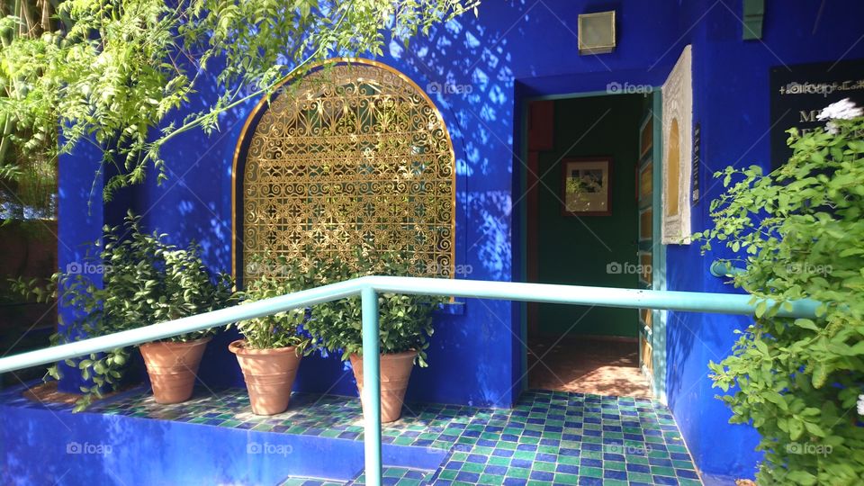 Beautiful building in Majorelle garden which presents a very beautiful colour mixture in the city of Marrakech, Morocco